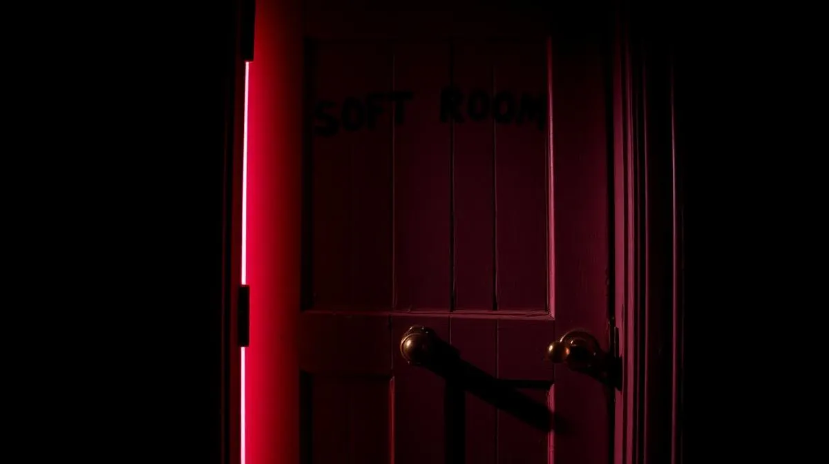 Old wooden door marked SOFT ROOM, warm pale strawberry light spilling from beneath it in a dark hallway