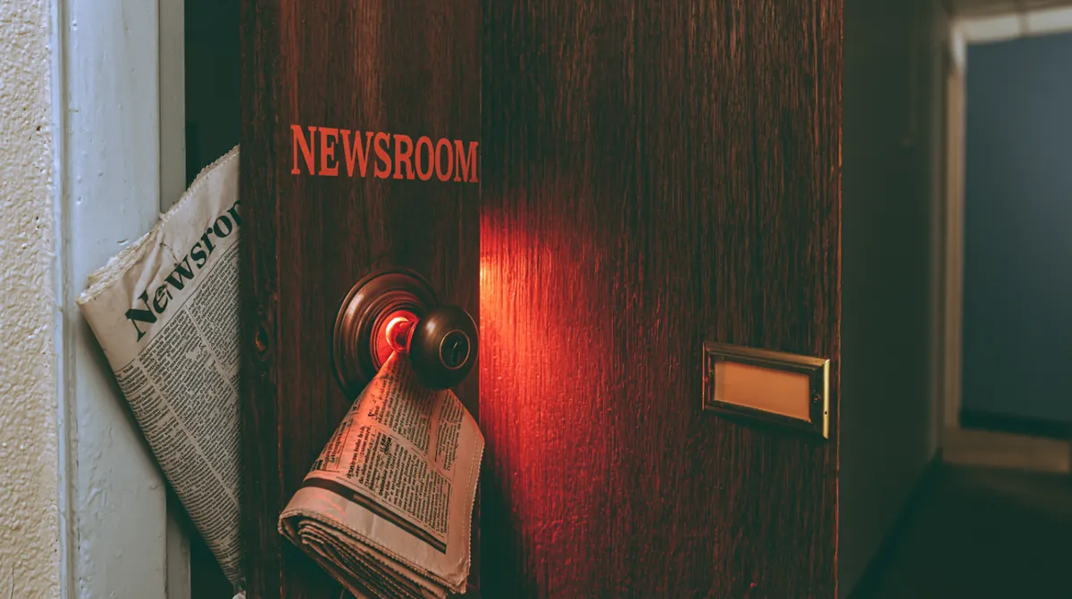 Old wooden door marked NEWSROOM, cold bone-white light spilling from beneath it in a dark hallway