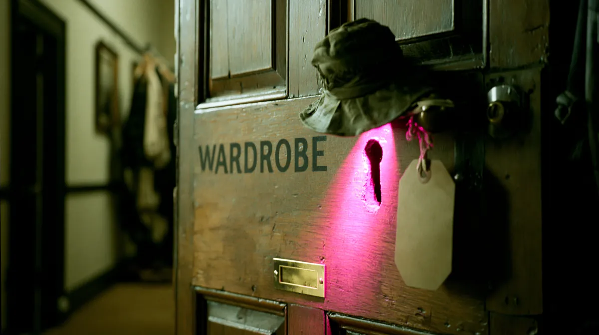 Old wooden door labeled WARDROBE, hot pink light spilling from underneath into a dark hallway