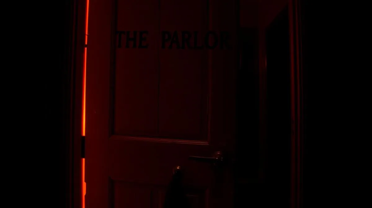Old wooden door marked THE PARLOR, deep red light spilling from around its edges in a pitch-black hallway